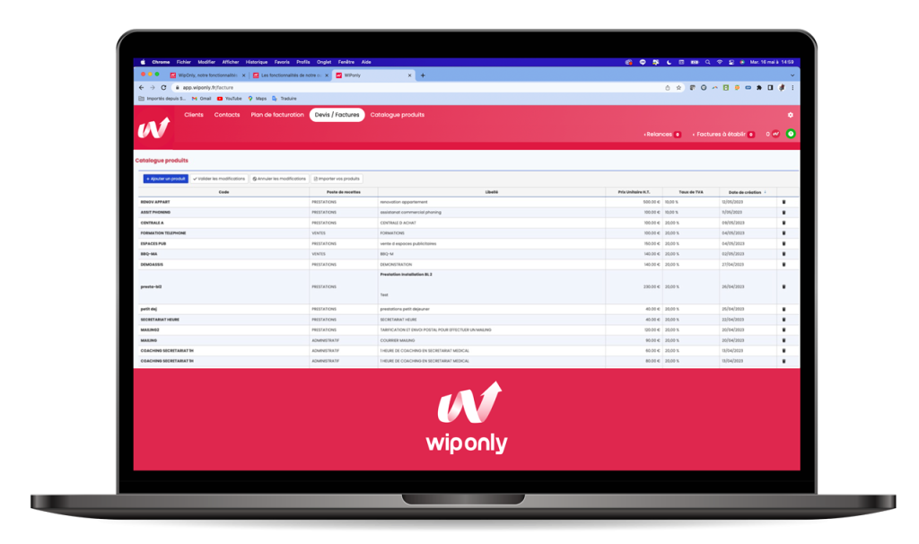 gestion catalogue produits facturation, Wiponly