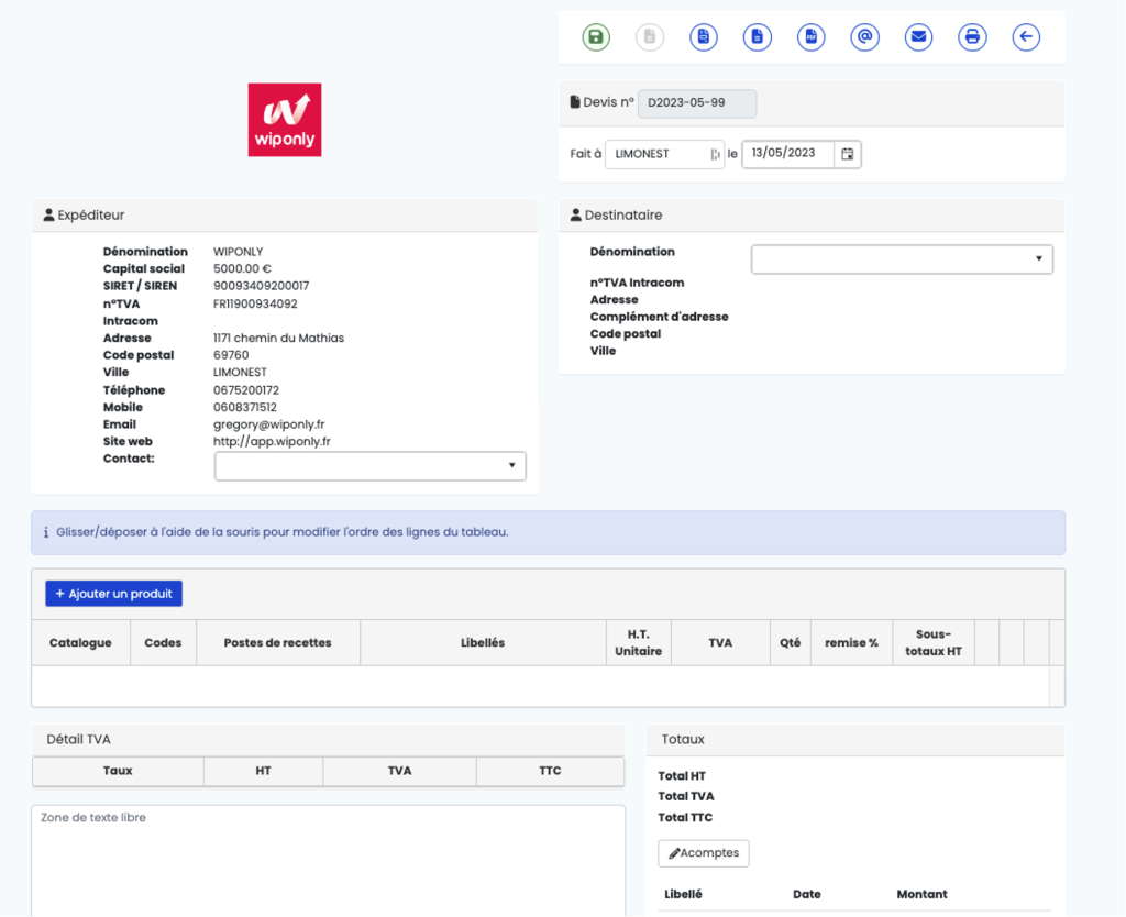 création devis facture relances logiciel wiponly, Wiponly