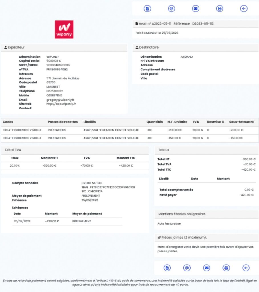 faire avoir facturation en ligne, Wiponly